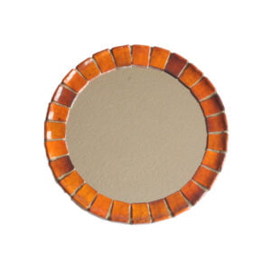 A mid century modern sixties round wall hanging mirror with a bevel consisting of small orange ceramic tiles | Century Soup |