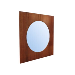 Large teak wooden mirror, round with a square frame, 1960s.