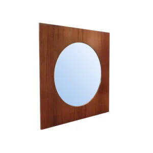 Large teak wooden mirror, round with a square frame, 1960s.