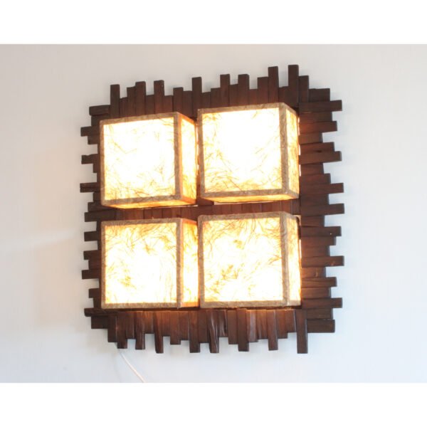 Large tiki style wall lamp in wood and fabric, 1970s. 3