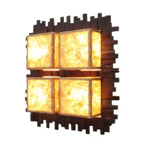 Large tiki style wall lamp in wood and fabric, 1970s. Large tiki style wall lamp in wood and fabric, 1970s.