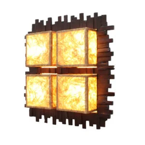Large tiki style wall lamp in wood and fabric, 1970s.
