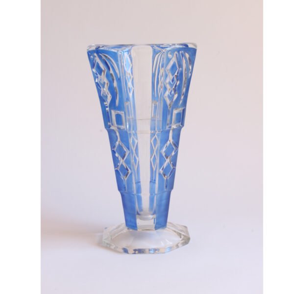 Octagonal blue glass art deco vase with geometric patterns, by Markhbeinn France, 1930s. Upside down triangular shape with abstract drawings on the side | Century Soup |