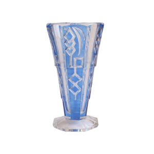 Art Deco Vase with Geometric Patterns, Markhbein 1930s Octagonal blue glass art deco vase with geometric patterns, by Markhbeinn France, 1930s. Upside down triangular shape with abstract drawings on the side | Century Soup |