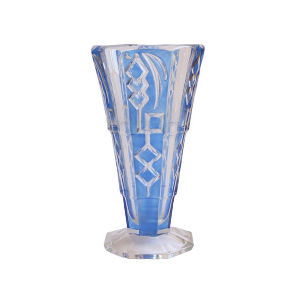 Octagonal blue glass art deco vase with geometric patterns, by Markhbeinn France, 1930s. Upside down triangular shape with abstract drawings on the side | Century Soup |