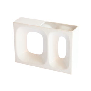 White porcelain vase with holes by E.2 A square white porcelain vase with two cutout holes on the front, one smaller and one larger | Century Soup |