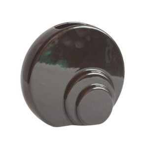 Black ceramic discs vase, 1980s. A very 1980s ceramic vase in a shiny black glaze, the shape consists of three round shapes or discs connected forming one whole | Century Soup |