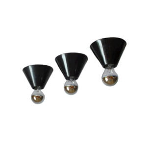 Jolly ceiling cones by Bruno Celupica for Tronconi Italy A set of three model "Jolly" ceiling or wall lights designed by Bruno Celupica for Tronconi, Italy. 1970s. Minimalistic black conical shaped wall mounts. Century soup vintage design antiques curiosa collectibles antwerp.