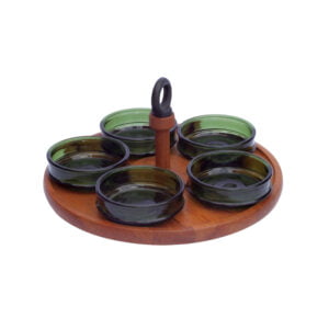 Rotating “lazy Susan” tray by Richard Nissen Teak wooden "lazy susan" serving tray with five green glass bowls. Designed by richard nissen, denmark 1960s. Round wooden Scandinavian snack or sauce serving set with a castiron handle that holds five green bowls. It rotates hence the name "lazy susan", you can bring the sauce or snack to your side without getting up from your chair or having to pass the bowl. Century soup vintage design antiques curiosa collectibles antwerp.