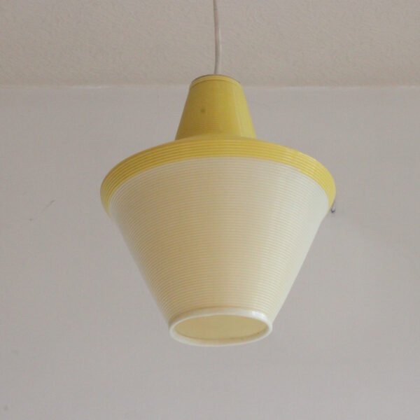 White and yellow cellulose acetate pendant lamp by a.r.p and rotaflex. Atelier de recherche plastique was founded in 1954 by pierre guariche, joseph-andré motte and michel mortier | Century Soup |