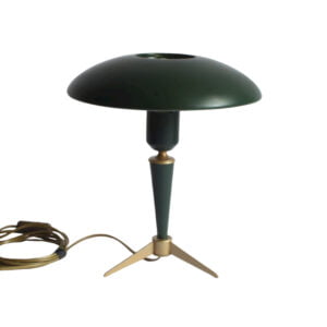 Bijou desk lamp by Louis Kalff for Philips, 1955. 1950s desk lamp with brass tripod feet and green UFO shade.