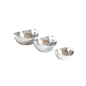 Country club bowls by Stephan Winteroy for Expo 58 A set of three stacking round organic shaped stainless steel bowls, the sides protrude upwards and make room for the handles holes