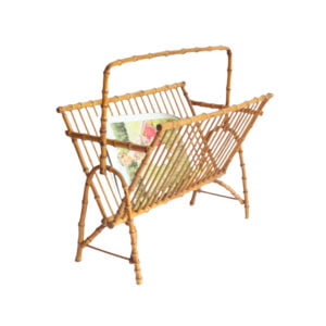 1950s bamboo magazine rack. A 1950s magazine rack or newspaper stand made entirely from bent bamboo. The outer frame is made from the thicker parts with the knots. And the sides are made from thinner, more smooth bamboo sticks. Typical 1950s boomerang shaped legs.