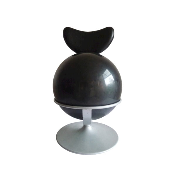 Postmodern ergonomical ball chair, 1990s. Steel frame with a heart-shaped backrest and a swiveling round base. In the steel ring sits a black yoga ball.