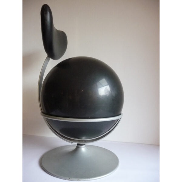 Postmodern ergonomical ball chair, 1990s. Steel frame with a heart-shaped backrest and a swiveling round base. In the steel ring sits a black yoga ball.