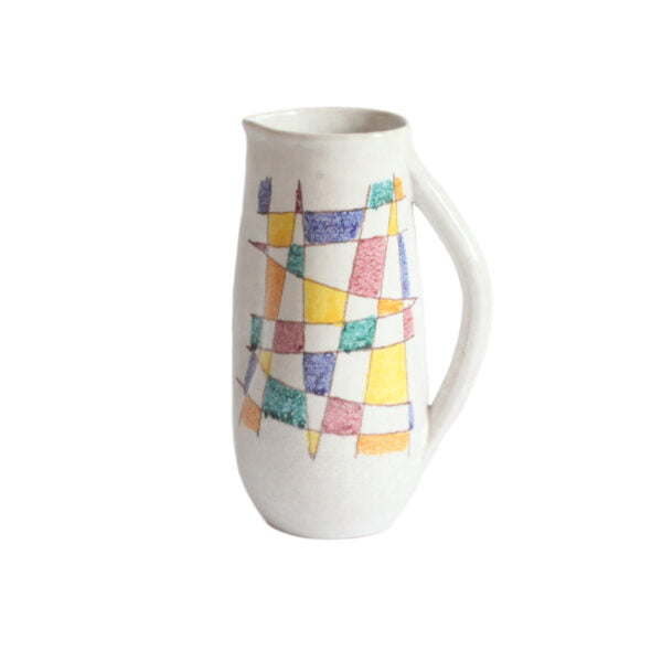 A vintage mid century white ceramic pitcher by Aldo Aondi for Bitossi, Italy 1960s. White glazing decorated with an abstract color grid in green, yellow, blue and bordeaux | Century Soup |