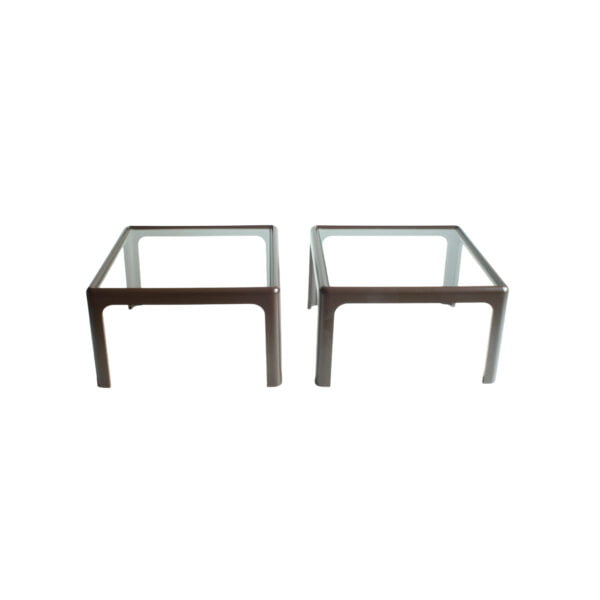 A set of brown square space age side tables synthetic frame with a glass top, designed by peter ghyczy for the horn collection by bayer. In a very lightweight Bayer developed composite material, Baydur.