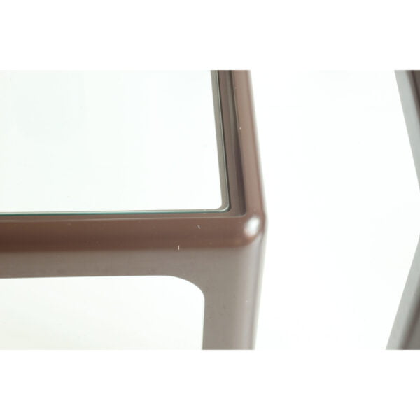A set of brown square space age side tables synthetic frame with a glass top, designed by peter ghyczy for the horn collection by bayer. In a very lightweight Bayer developed composite material, Baydur.