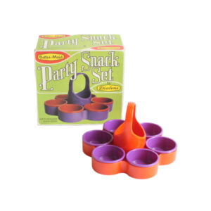 Party snack set “Better maid” by Dialene, UK Six round snack dishes in the most purple purple color and a round frame with a rounded handle in a reddish orange.