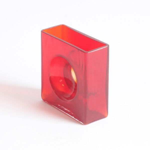 A red square glass "diabolo" vase by christian tortu, france. The vase has a round lens effect | Century Soup |
