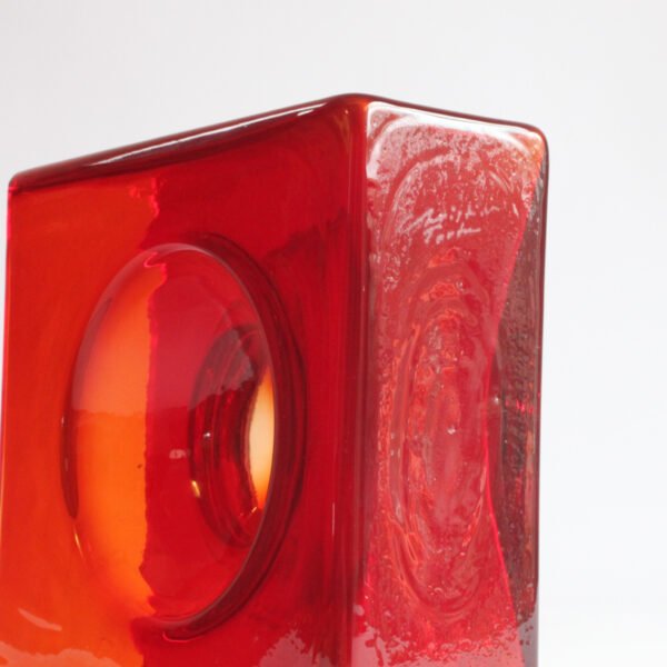 A red square glass "diabolo" vase by christian tortu, france. The vase has a round lens effect | Century Soup |