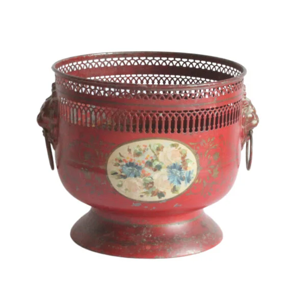 A painted toleware pedestal jardiniere with dog handles and a flower decor, france early 20th century. Cylindrical body on a pedestal, the rim is punctured to resemble archways and columns | Century Soup |
