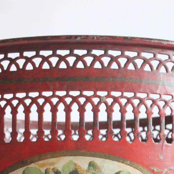 A painted toleware pedestal jardiniere with dog handles and a flower decor, france early 20th century. Cylindrical body on a pedestal, the rim is punctured to resemble archways and columns | Century Soup |