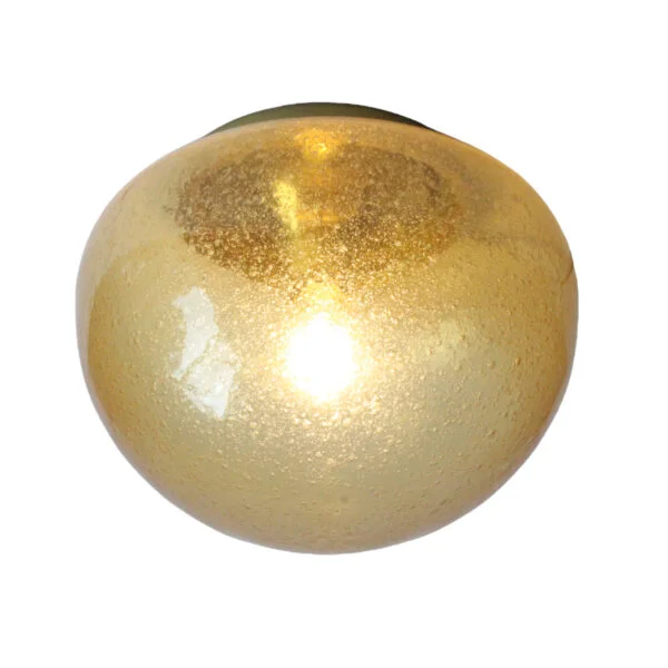 A bubble glas or "Pulegoso" technique wall or ceiling lamp by Glashütte Limburg, Germany 1970s. The shade is blown in a mushroom shape, and sits on a round brass base. The bulb is held inside on a reclining brass cone.
