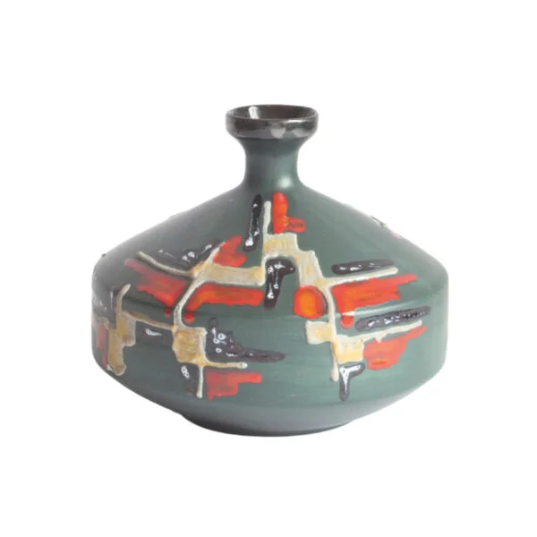Space age green vase with abstract yellow, black, red, and white decor by s.i.c.a. Società italiana ceramica artistica, italy 1960s | Century Soup |