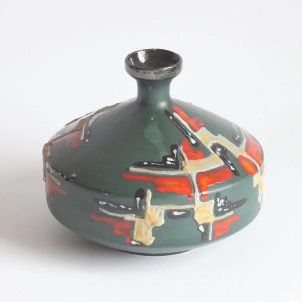 Space age green vase with abstract yellow, black, red, and white decor by s.i.c.a. Società italiana ceramica artistica, italy 1960s | Century Soup |