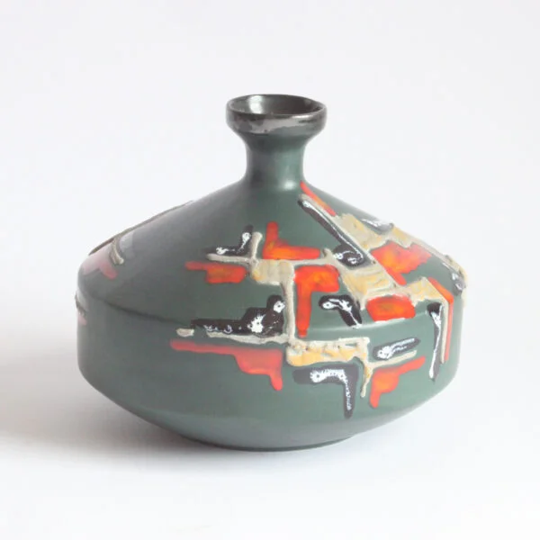 Space age green vase with abstract yellow, black, red, and white decor by s.i.c.a. Società italiana ceramica artistica, italy 1960s | Century Soup |