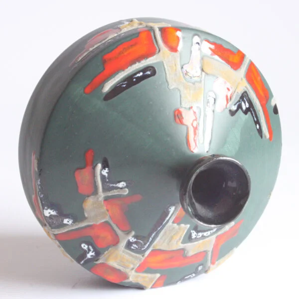 Space age green vase with abstract yellow, black, red, and white decor by s.i.c.a. Società italiana ceramica artistica, italy 1960s | Century Soup |