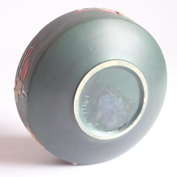 Space age green vase with abstract yellow, black, red, and white decor by s.i.c.a. Società italiana ceramica artistica, italy 1960s | Century Soup |