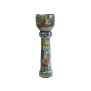 Art nouveau folk art pedestal jardiniere by Laigneil, Kortijk Belgium 1900s A large flemish earthenware pedestal jardiniere by laigneil, kortijk belgium 1900s. Influences of art nouveau, folk art, arts & crafts, naturalism. Executed in flemish earthenware decorated with a sgraffito technique, shades blue brown and green glazing. Very natural colors. On the cache-pot a scene of farmers and nuns, and trees all around. The pedestal decorated with tall trees and castles, a river below and layers of sky / clouds / forest | Century Soup |