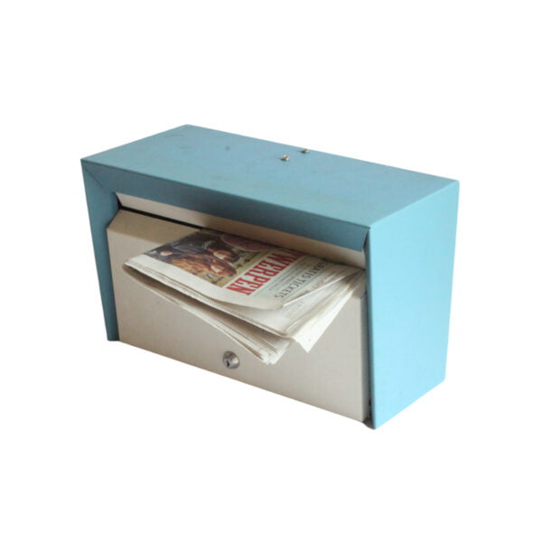 Mid century modern mailbox in a pastel color blue housing with a white lid.