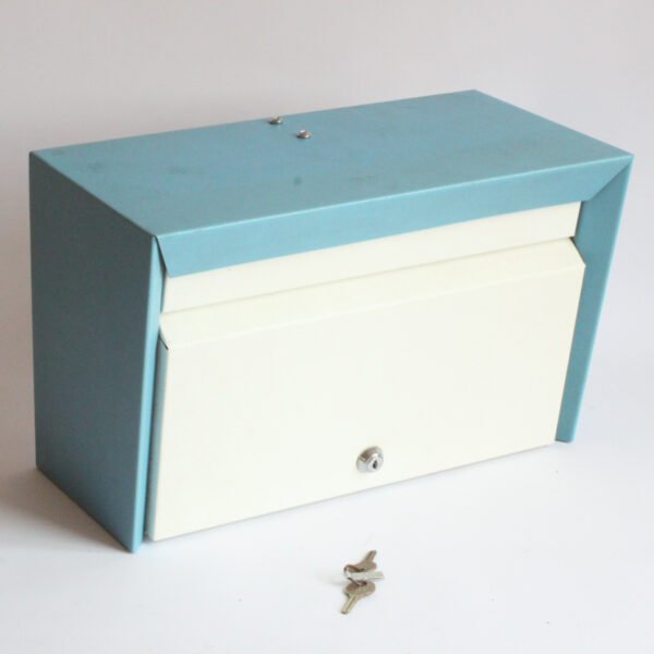 Mid century modern mailbox in a pastel color blue housing with a white lid.