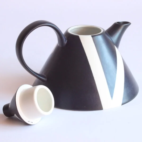 Memphis style teapot by rolf sinnemark for rörstrand, sweden 1985. Model 411, a conical shaped porcelain teapot in black. Seemingly rand placed white geometrical shapes cover the surface | Century Soup |