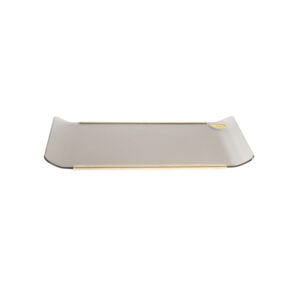 Smoked glass serving tray by Umberto Mascagni 1970s curved smoked glass serving tray with brass edges, the glass curves upwards to serve as handles. This hollywood Regency style Italian tray is designed and manufactured by Umberto Mascagni | Century Soup |