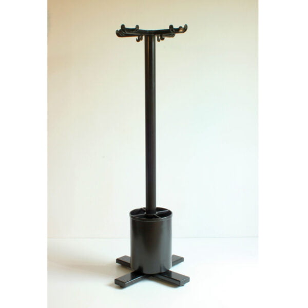 Cylindrical coat rack with a cylindrical umbrella stand bin at the base, a cross shaped base and a cross shaped coat hanger with several hooks at the top. Designed by Ettore Sottsass for Olivetti.