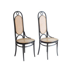Bentwood and cane “Long John” 207R chairs by Michael Thonet A set of 2 bent wooden chairs with cane seats and backrests in a black lacquered high back frame. Model long john 207r. A 1970s thonet re-edition of the 1860s model number 17 designed by michael thonet. Marked thonet and label underneath | Century Soup |