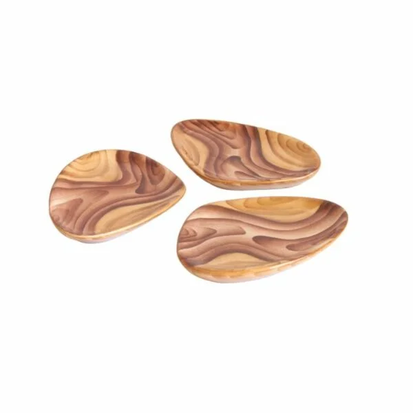 A set of three organic shaped faux bois or wood grain imitation painted ceramic serving dishes or tapa platters. Crafted by Grandjean Jourdan, Vallauris France 1950s. Century Soup vintage design collectibles curiosa antiques antwerp.
