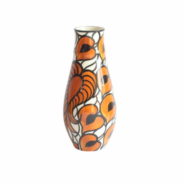A Schramberg majolica vase, hand painted in black, orange and white floral decor. Attributed to Eva Zeisel | Century Soup |