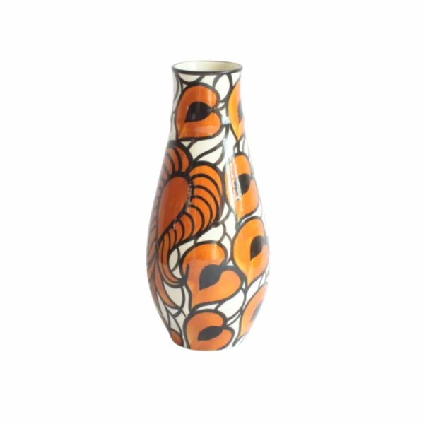 A Schramberg majolica vase, hand painted in black, orange and white floral decor. Attributed to Eva Zeisel | Century Soup |