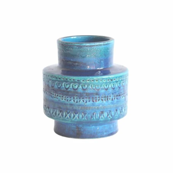 A vintage mid century blue ceramic vase by Aldo Londi for Bitossi, Italy 1960s. Cylindrical shape with a smaller radius at the base and at the top. In the typical Rimini blue | Century Soup |