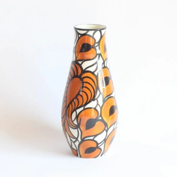 A Schramberg majolica vase, hand painted in black, orange and white floral decor. Attributed to Eva Zeisel | Century Soup |