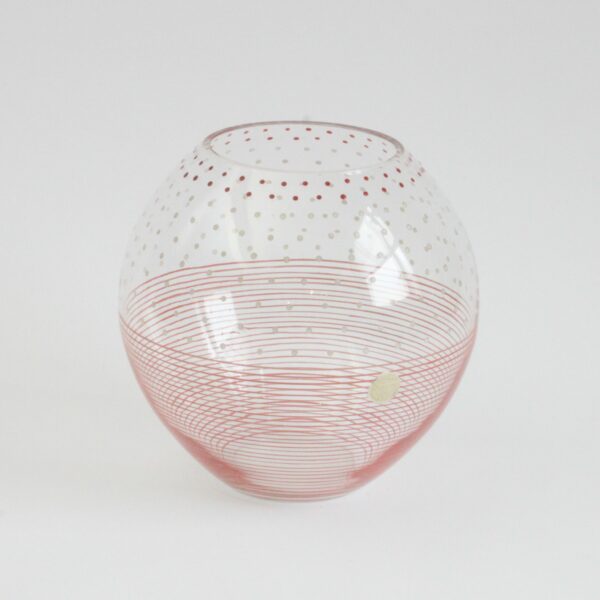 Art deco glass ball vase by Karel Heller for V.G.N Verreries & Gobleteries Nouvelle, Belgium 1930s. Clear ball shaped vase decorated with red dots and lines | Century Soup |