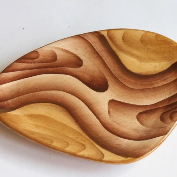 A set of three organic shaped faux bois or wood grain imitation painted ceramic serving dishes or tapa platters. Crafted by Grandjean Jourdan, Vallauris France 1950s. Century Soup vintage design collectibles curiosa antiques antwerp.