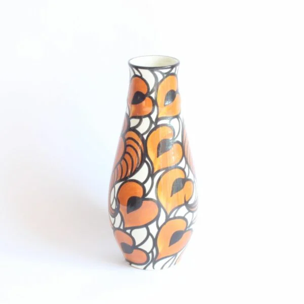 A Schramberg majolica vase, hand painted in black, orange and white floral decor. Attributed to Eva Zeisel | Century Soup |