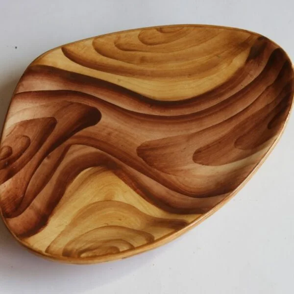 A set of three organic shaped faux bois or wood grain imitation painted ceramic serving dishes or tapa platters. Crafted by Grandjean Jourdan, Vallauris France 1950s. Century Soup vintage design collectibles curiosa antiques antwerp.