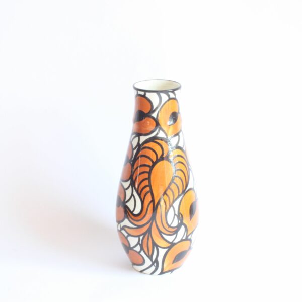 A Schramberg majolica vase, hand painted in black, orange and white floral decor. Attributed to Eva Zeisel | Century Soup |